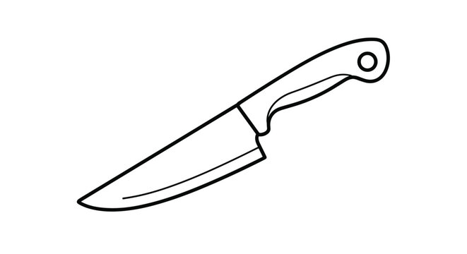 Clean black outline of a professional chef's knife with an ergonomic handle designed for chopping and dicing ingredients in a busy kitchen.
