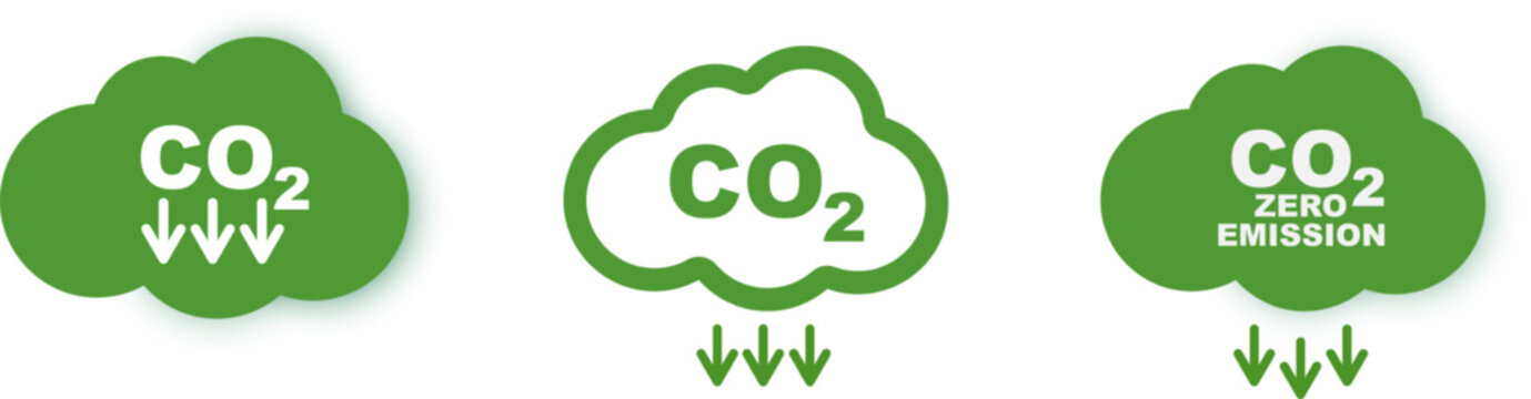 Green cloud icons set with CO2 text and downward arrows representing carbon emission reduction, greenhouse gas decrease, environmental sustainability and climate change concept. Vector illustration.