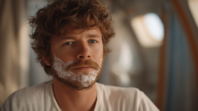 Zero gravity shaving demonstration inside space habitat bathroom module, razor and foam globule floating, daily hygiene in orbit, long duration crew life, microgravity personal care routine, astrona