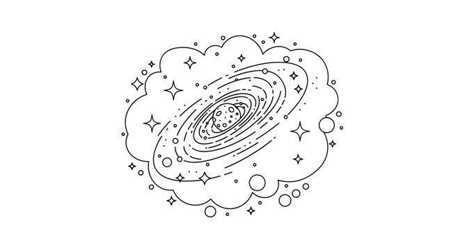 Dreamy line art of a spiral galaxy with a cratered moon at the center surrounded by shining stars inside a soft cloud-like celestial shape.