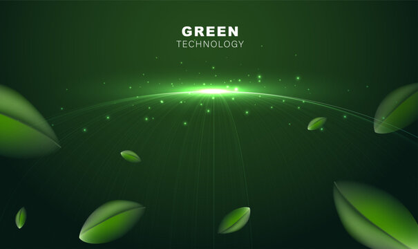 Abstract green technology background with floating 3D leaves and glowing digital lines on horizon. Concept of futuristic eco-friendly environment, sustainability, and renewable energy. Vector design.