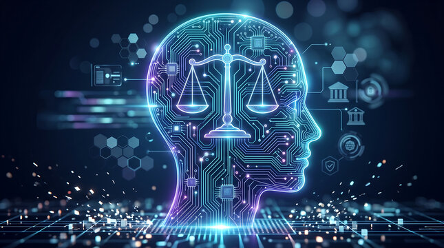 conceptual illustration of artificial intelligence in law featuring a digital head silhouette with justice scales on a circuit background symbolizing legal tech and cyber ethics