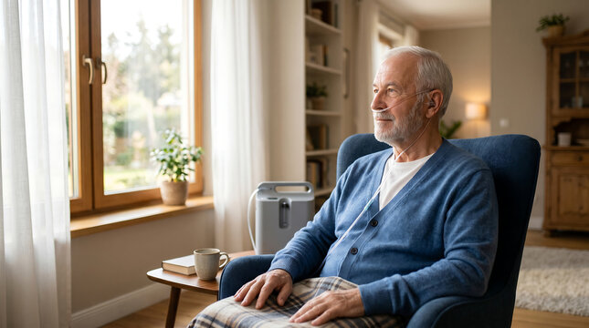 Senior man resting in armchair at home using portable oxygen concentrator with nasal cannula for respiratory therapy on a bright morning by the window