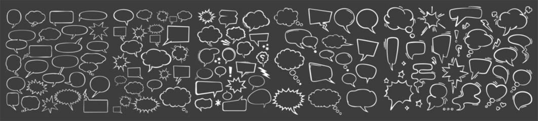 Fototapeta premium Hand Drawn Comic Speech Bubble Icon Set White Line Sketch Elements on Dark Gray Background Creative Dialogue Vector Illustration