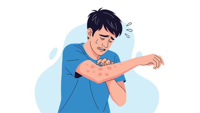 Distressed man in blue t-shirt scratching itchy red skin rash on his arm showing allergic reaction symptoms.