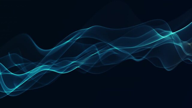Abstract blue flowing wave background with soft glowing lines and smooth digital motion, futuristic light curves in dark space, elegant fluid energy pattern for technology and science design