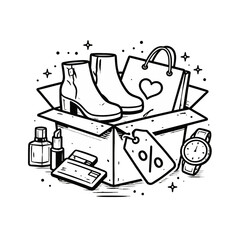Naklejka premium A black and white illustration of a shopping box overflowing with fashion items and accessories