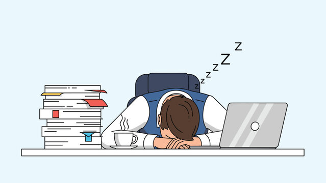 Exhausted businessman sleeping at his desk next to a laptop and a large stack of documents, overwhelmed by work and long office hours.