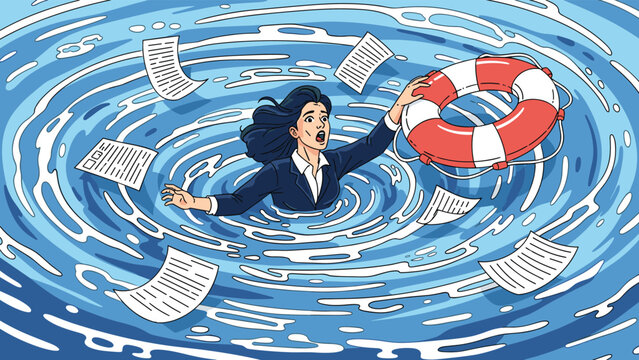 Worried businesswoman struggling in a swirling whirlpool of water surrounded by flying white papers while reaching for a lifebuoy.