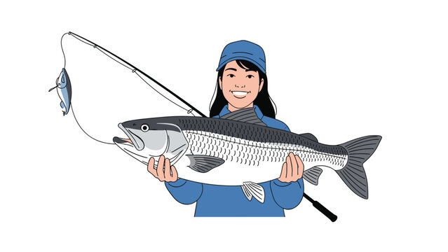 Proud young woman in a blue jacket and cap smiling while holding a very large fish she just caught during a successful fishing trip.
