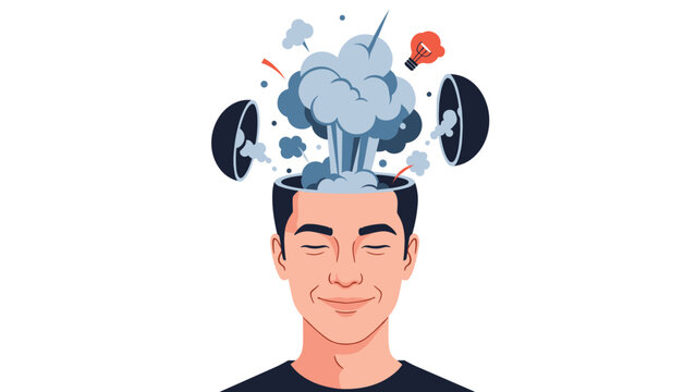 Calm man with the top of his head open as smoke and an exploding lightbulb emerge, symbolizing a sudden breakthrough or idea.