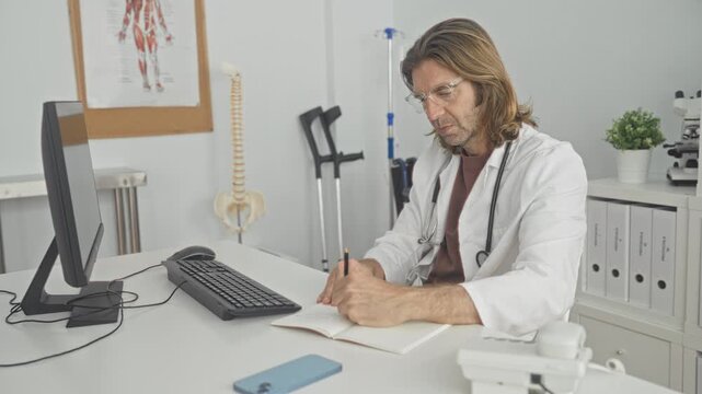 Man writing in notebook with stethoscope and computer, hands holding pen and keyboard visible in clinic building; focused professional care.
