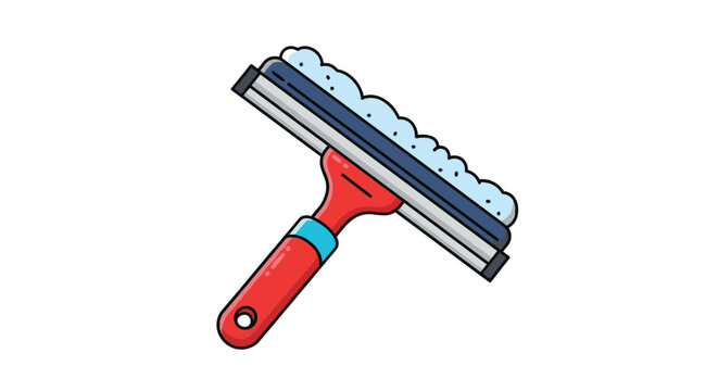 Red and blue window cleaning squeegee with a layer of white soap bubbles on the rubber blade for glass cleaning.