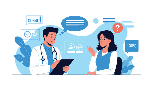 Male doctor in a white coat consulting with a female patient and taking notes during a medical appointment in the clinic.