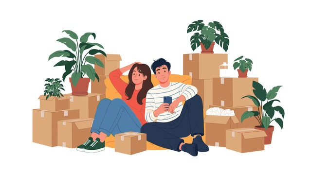 Young couple sitting comfortably on the floor among many moving boxes in their new home while looking at a smartphone.