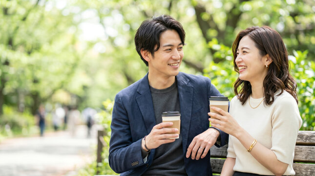 都会の公園でデートや散歩を楽しむカップル・夫婦・ディンクスの二人暮らし