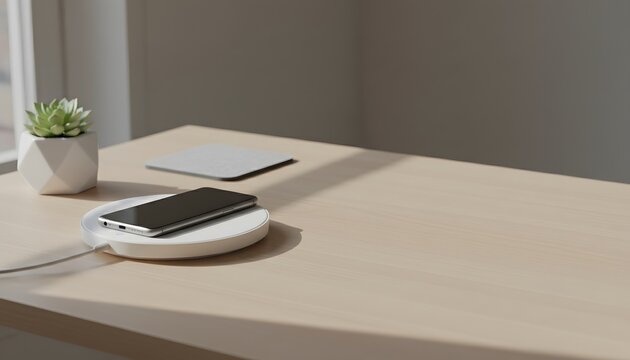 Wireless charging smartphone on clean minimal desk with copy space, modern technology lifestyle, cable-free charging concept for home office workspace