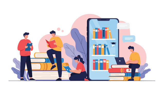 Group of students learning together with many books and a giant smartphone representing online education and digital library.