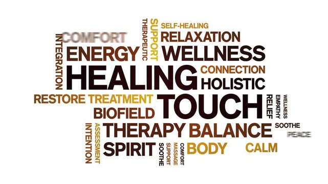 Healing Touch animated word cloud-text design animation tag kinetic typography seamless loop.