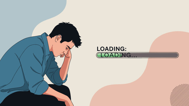 Sad man feeling depressed and tired with a loading bar on a colorful background representing a slow emotional recovery.
