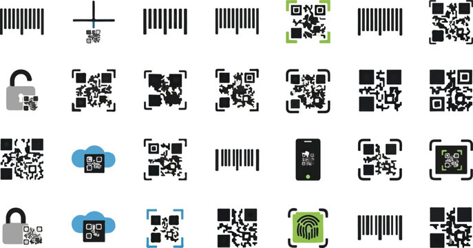 Digital QR code and barcode icon set, 28 flat vector elements for mobile scanning, secure payment and data tracking symbols on white background