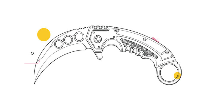 Tactical folding karambit knife with a curved blade and ergonomic handle shown in a detailed line art illustration for outdoor and hobby themes.