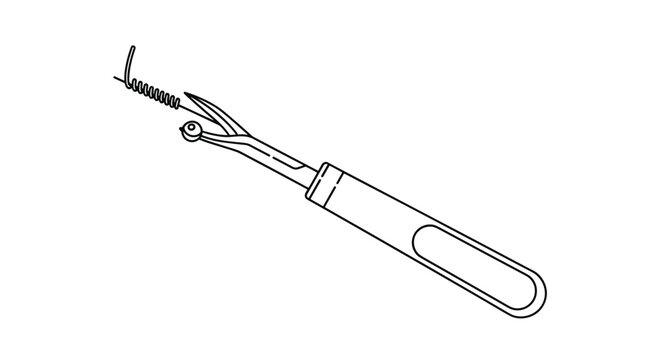 Sewing tool for removing stitches known as a seam ripper shown in a detailed line drawing with a thread spool for tailoring and craft icons.
