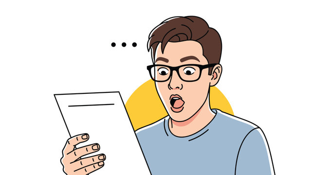 Young man with glasses expresses complete shock and surprise while reading important information on a paper document.
