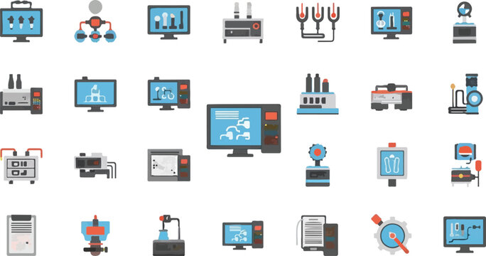 Industrial automation flat icons set, manufacturing control system vector elements, factory monitoring and smart production technology graphics