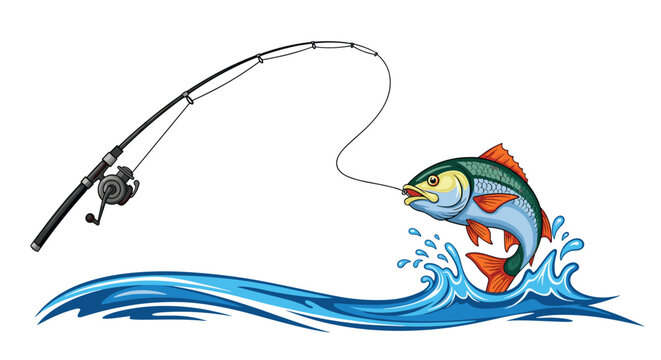 Colorful illustration of a large fish jumping out of the blue water after being caught by a professional fishing rod and spinning reel.
