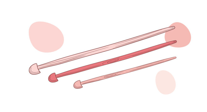 Three different sized knitting needles or crochet hooks in shades of pink and red isolated on a white background for DIY and craft concepts.
