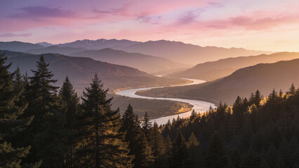 Obraz premium Sunset Over Scenic River Valley