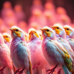 Fototapeta premium A kaleidoscope of feathered choristers, a pastel dawn chorus, joyfully harmonizing , dynamic angle, nature