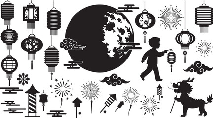 Obraz premium Traditional Asian Festival Elements Vector Set with Lanterns, Fireworks, Child Silhouette, and Dragon