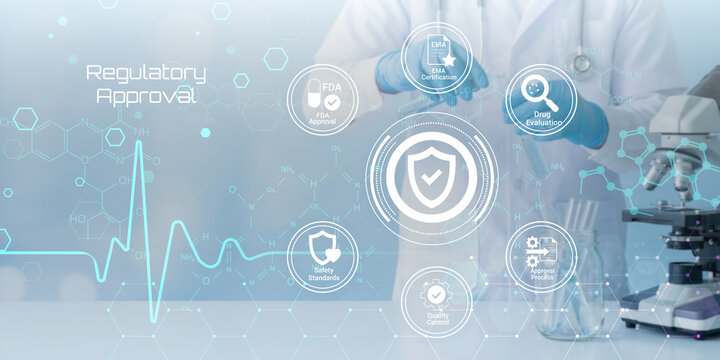 Scientist conducting regulatory approval processes for pharmaceuticals and medical devices with safety compliance icons