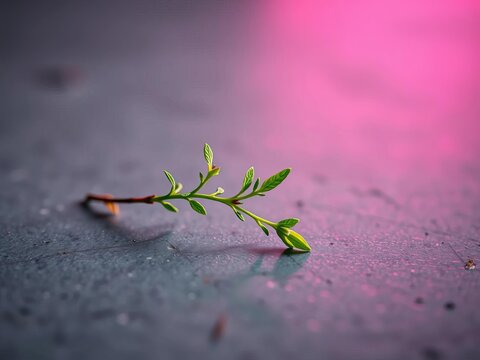 A solitary, dew-kissed herb sprig, angled sharply, its verdant hue pops against a muted, softly lit slate,  dutch angle,  light