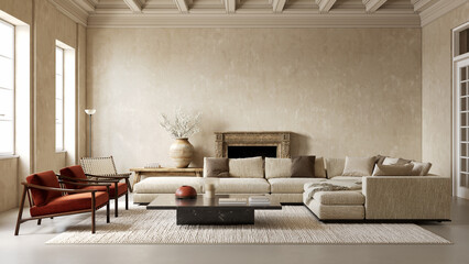 Naklejka premium Beige loft, classic room interior with sofa, fireplace, orange armchairs, carpet, vase and decor. 3d render illustration mockup.