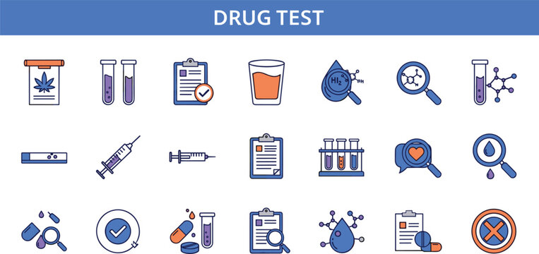 Drug test and laboratory analysis icon set featuring medical screening urine test syringe diagnostics and toxicology examination vector collection