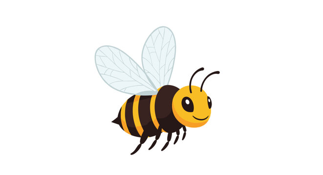 Cute cartoon bee with yellow and black stripes flying happily against a white background for children and nature designs.