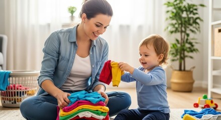 Obraz premium Mothers Day: A heartwarming scene of a mother and child playing with laundry, celebrating the joy of family life during mothers day