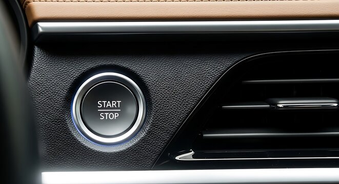 Close up of car start stop button illuminated in modern car interior.