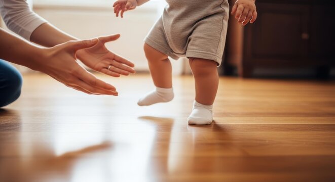 Mothers Day: Celebrating the Love and Strength of Motherhood with a Babys First Steps on Warm Wooden Floors