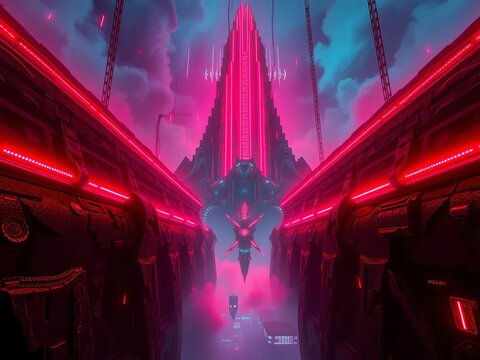 Crimson diodes pulse along obsidian ramparts, a cyber-gothic monolith suspended in an electric haze, skewed reality unfolds below,  spectral mansion,  spectral composition