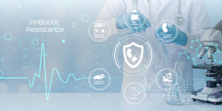 Scientist researching antibiotic resistance with futuristic medical technology and laboratory equipment