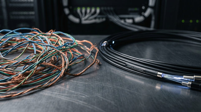Before and after, tangled copper wire bundle representing legacy encryption on left vs. clean fiber optic quantum cryptography cable coil on right, industrial surface, network infrastructure evoluti