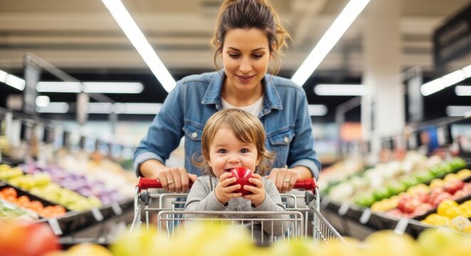 Mothers Day: A heartwarming scene of a mother and child shopping together in a vibrant grocery store, with the mother pushing a cart filled with fresh produce.