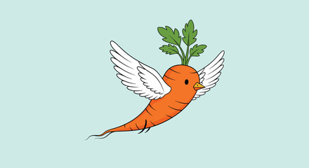 Naklejka premium Whimsical illustration of a carrot with wings flying through the air like a bird against a light blue sky background for creative ideas.
