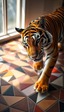 Vibrant tiger stripes dance across a geometric mosaic, low-angle wonder,  spectacular,  art
