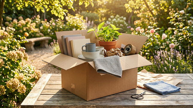 Cardboard box packed with household items like books and plants on a wooden table in a garden setting representing moving house or donating goods concept