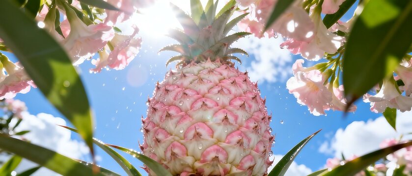 Pink Pineapple in Natural Setting with Flowers and Sky